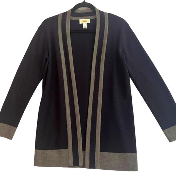 Talbots Merino Wool Open Cardigan Sweater Womens Small Petite Navy Grey Nautical - Picture 1 of 12